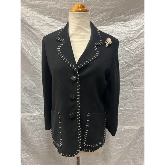 Women's Black Blazer with White Thread Details, Button Closure - Picture 1 of 5